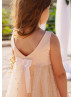 Light Peach Tulle Pearls V Back Short Flower Girl Dress